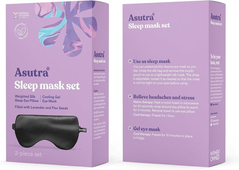 Asutra Silk Eye Pillow for Sleep, Black - Filled w/Lavender Buds & Flax Seeds, Weighted Eye Mask, Meditation & Light Blocking Blindfold, Cooling Gel Mask Included - Image 2